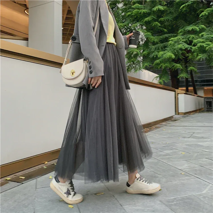 TingYiLi Elegant Tulle Skirt Autumn Winter Big Swing Women Skirt Korean Cute Pink Green Gray Blue Brown Black Long Skirt Tutu