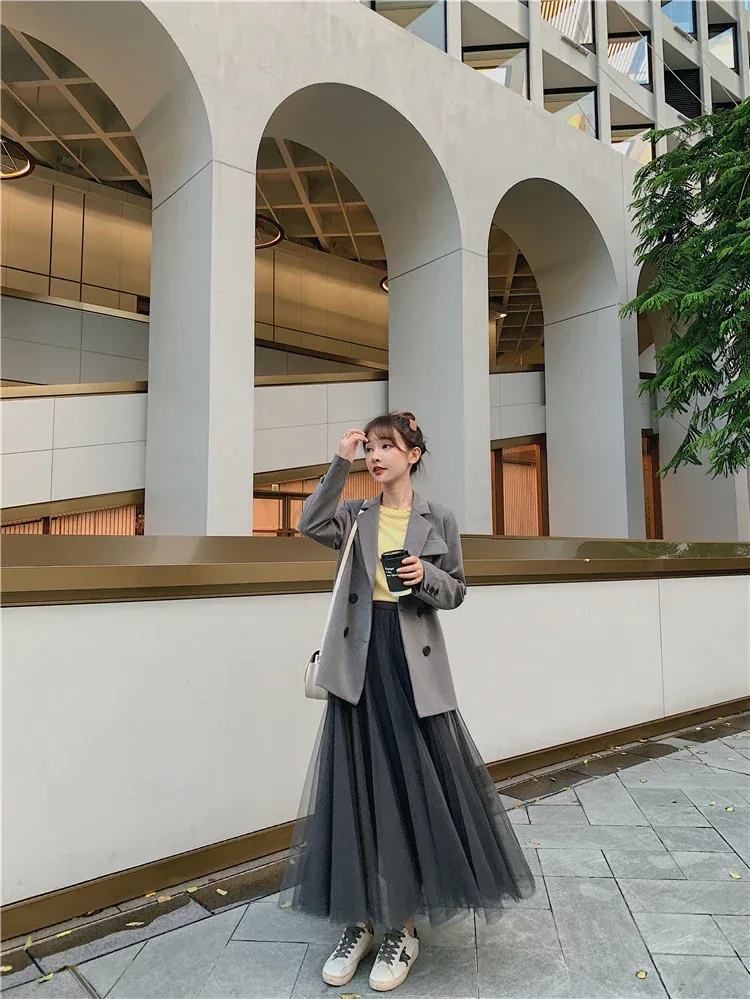 TingYiLi Elegant Tulle Skirt Autumn Winter Big Swing Women Skirt Korean Cute Pink Green Gray Blue Brown Black Long Skirt Tutu