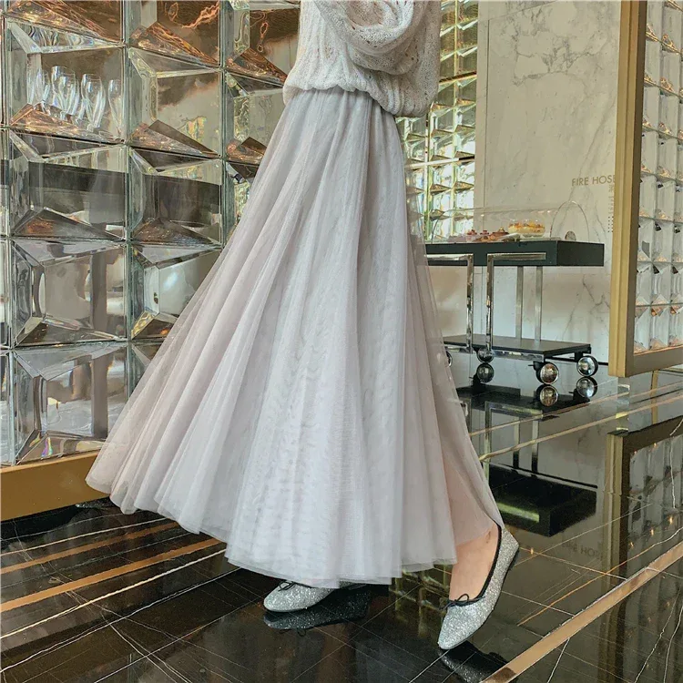 TingYiLi Elegant Tulle Skirt Autumn Winter Big Swing Women Skirt Korean Cute Pink Green Gray Blue Brown Black Long Skirt Tutu