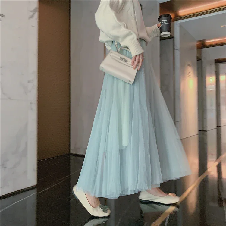 TingYiLi Elegant Tulle Skirt Autumn Winter Big Swing Women Skirt Korean Cute Pink Green Gray Blue Brown Black Long Skirt Tutu