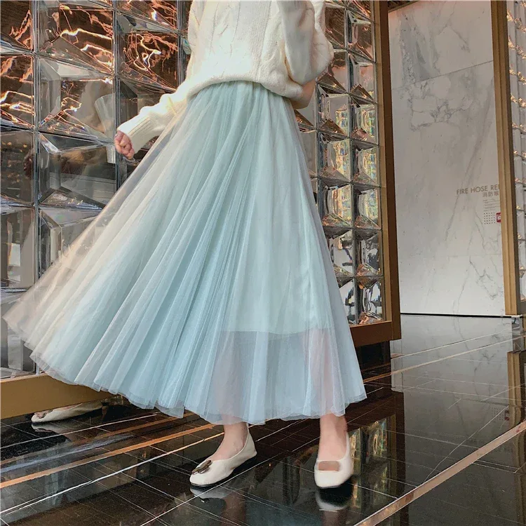 TingYiLi Elegant Tulle Skirt Autumn Winter Big Swing Women Skirt Korean Cute Pink Green Gray Blue Brown Black Long Skirt Tutu