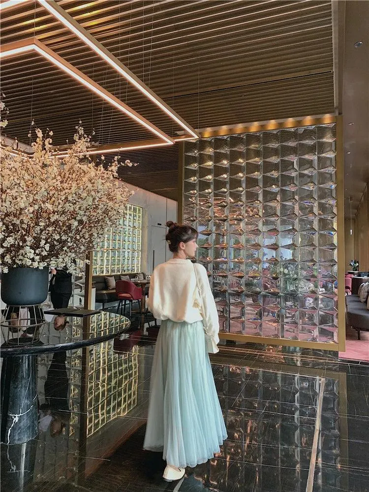 TingYiLi Elegant Tulle Skirt Autumn Winter Big Swing Women Skirt Korean Cute Pink Green Gray Blue Brown Black Long Skirt Tutu