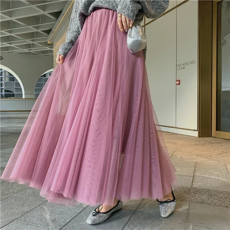TingYiLi Elegant Tulle Skirt Autumn Winter Big Swing Women Skirt Korean Cute Pink Green Gray Blue Brown Black Long Skirt Tutu