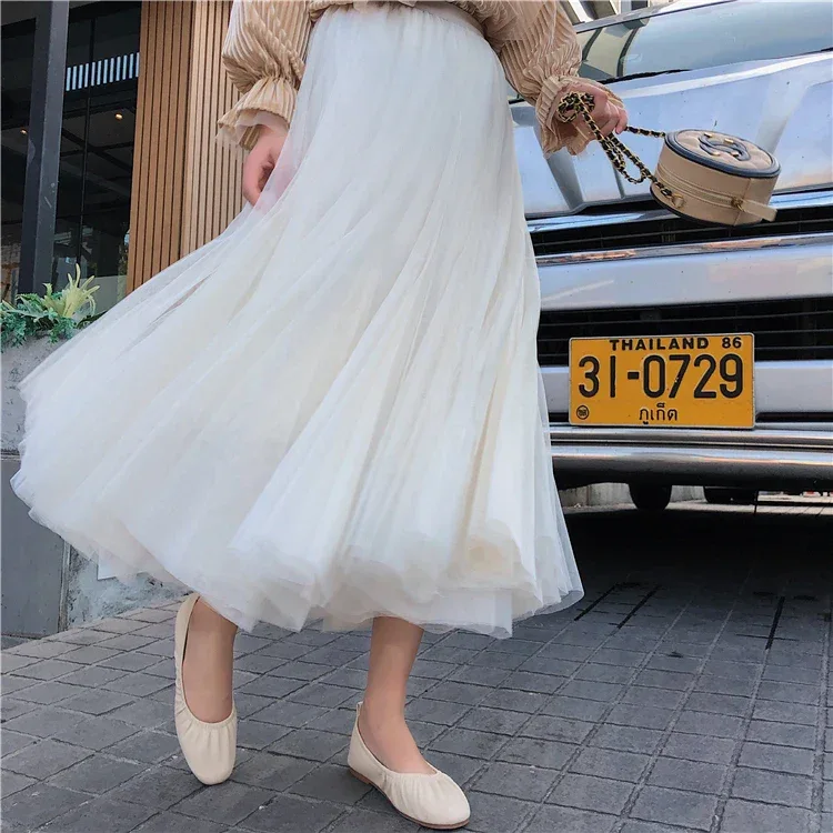 TingYiLi Elegant Tulle Skirt Autumn Winter Big Swing Women Skirt Korean Cute Pink Green Gray Blue Brown Black Long Skirt Tutu