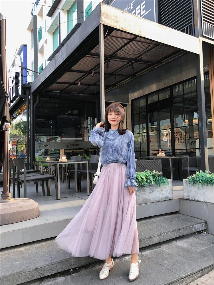 TingYiLi Elegant Tulle Skirt Autumn Winter Big Swing Women Skirt Korean Cute Pink Green Gray Blue Brown Black Long Skirt Tutu