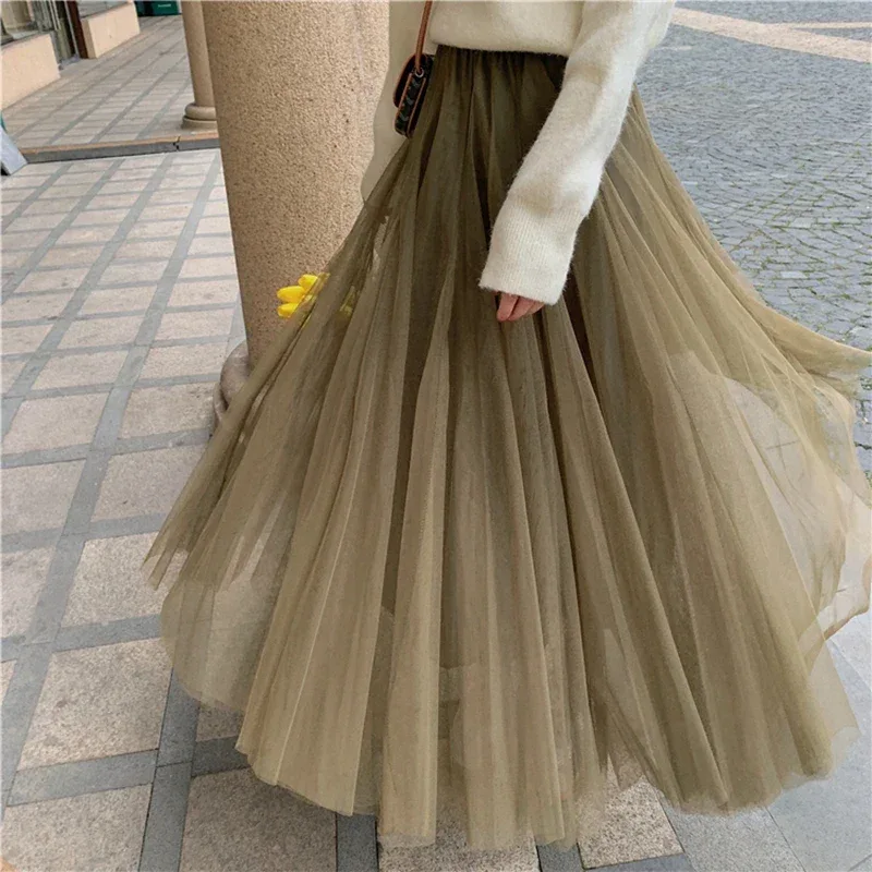 TingYiLi Elegant Tulle Skirt Autumn Winter Big Swing Women Skirt Korean Cute Pink Green Gray Blue Brown Black Long Skirt Tutu