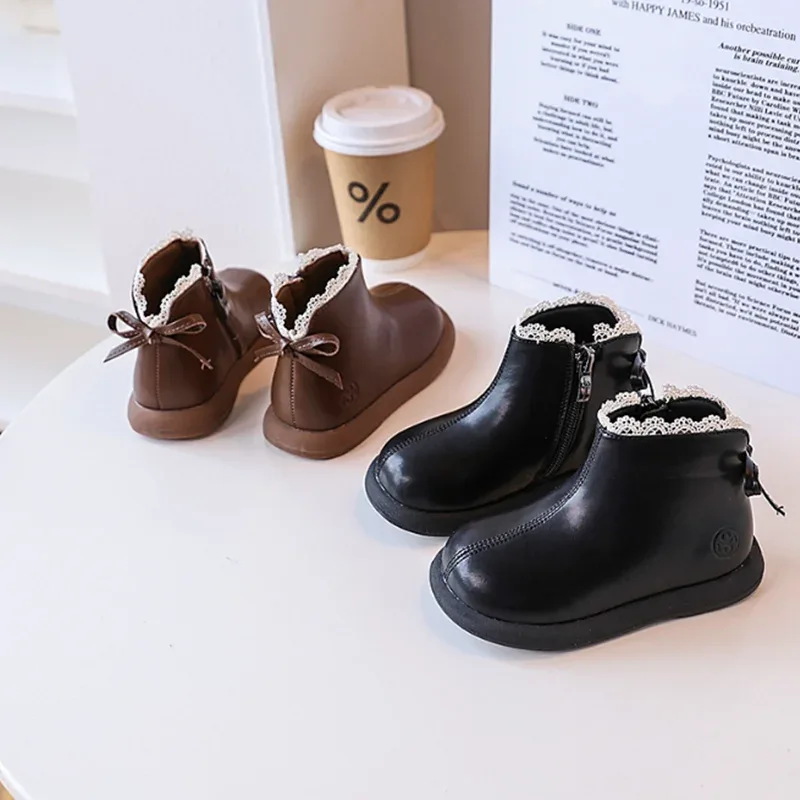 2024 New Autumn Children Boots Leather Girls Ankle Boots Lace Butterfly-knot Rubber Sole Fashion Toddler Kids Boots EU 21-30