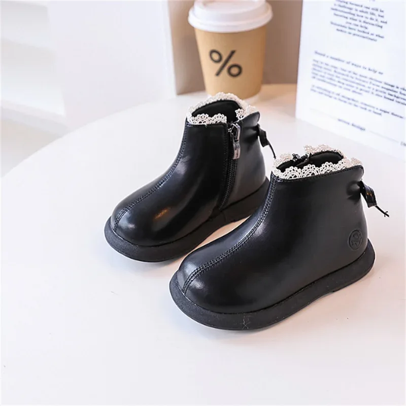 2024 New Autumn Children Boots Leather Girls Ankle Boots Lace Butterfly-knot Rubber Sole Fashion Toddler Kids Boots EU 21-30