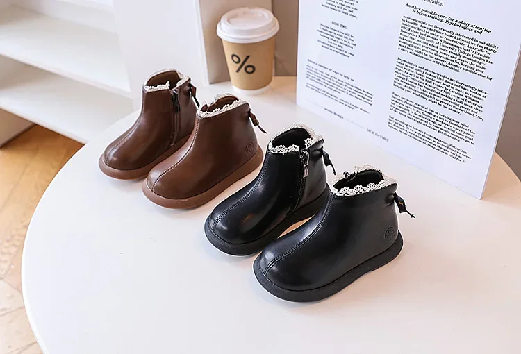 2024 New Autumn Children Boots Leather Girls Ankle Boots Lace Butterfly-knot Rubber Sole Fashion Toddler Kids Boots EU 21-30