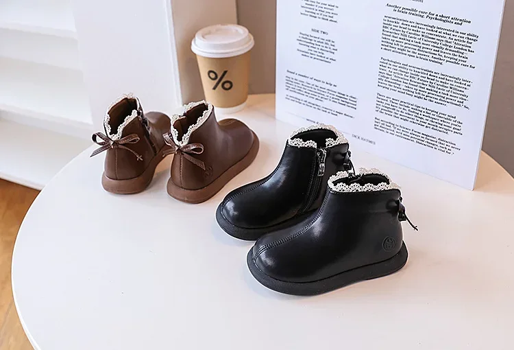 2024 New Autumn Children Boots Leather Girls Ankle Boots Lace Butterfly-knot Rubber Sole Fashion Toddler Kids Boots EU 21-30