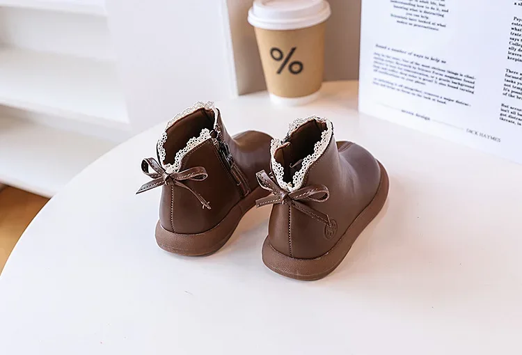 2024 New Autumn Children Boots Leather Girls Ankle Boots Lace Butterfly-knot Rubber Sole Fashion Toddler Kids Boots EU 21-30