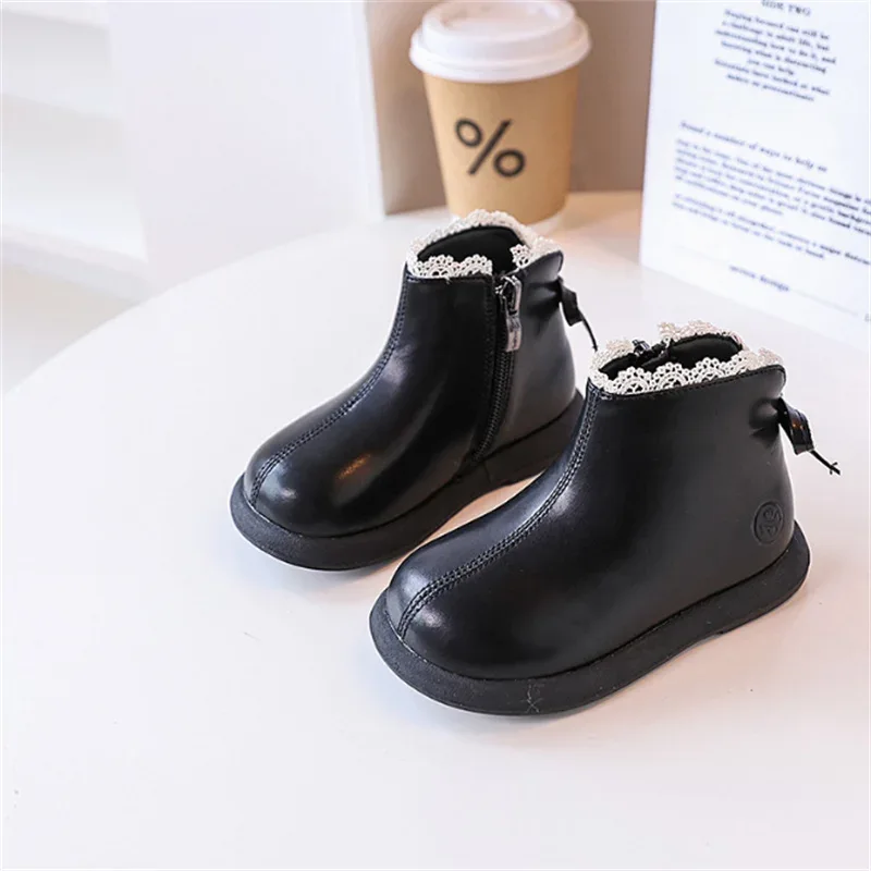 2024 New Autumn Children Boots Leather Girls Ankle Boots Lace Butterfly-knot Rubber Sole Fashion Toddler Kids Boots EU 21-30