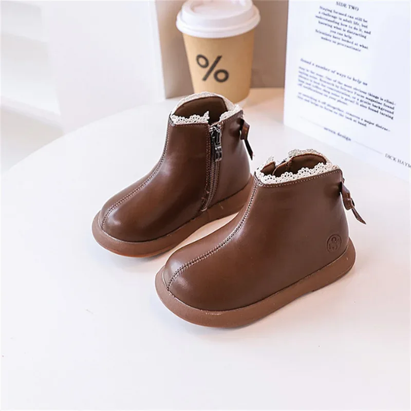 2024 New Autumn Children Boots Leather Girls Ankle Boots Lace Butterfly-knot Rubber Sole Fashion Toddler Kids Boots EU 21-30