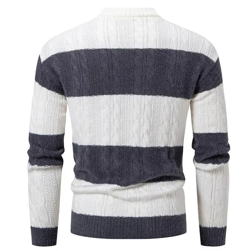 New Patchwork Mock Neck Knitting Sweater Men Fashion Striped Casual Knitted Pullovers Mens Autumn Winter Comfortable Knitwear