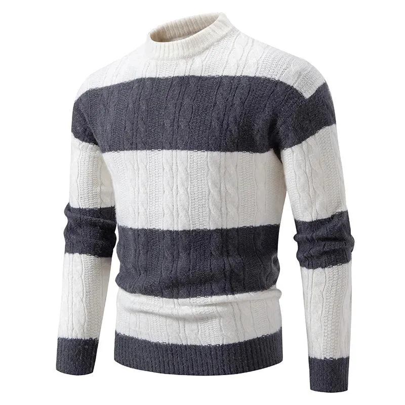New Patchwork Mock Neck Knitting Sweater Men Fashion Striped Casual Knitted Pullovers Mens Autumn Winter Comfortable Knitwear