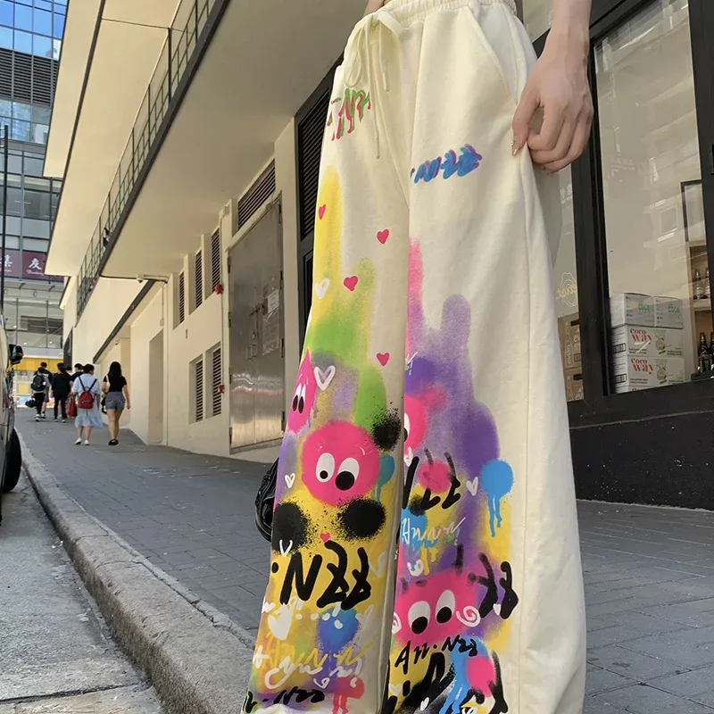 Kawaii Cute Dopamine Graffiti Casual Pants Women Tie Dye Summer Elastic High Waiste Drawstring Pockets Loose Wide Leg Trousers