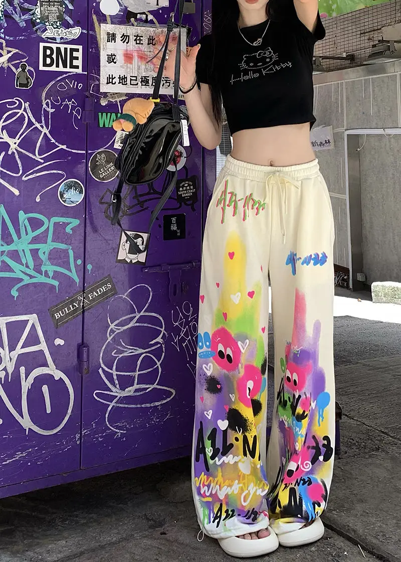 Kawaii Cute Dopamine Graffiti Casual Pants Women Tie Dye Summer Elastic High Waiste Drawstring Pockets Loose Wide Leg Trousers