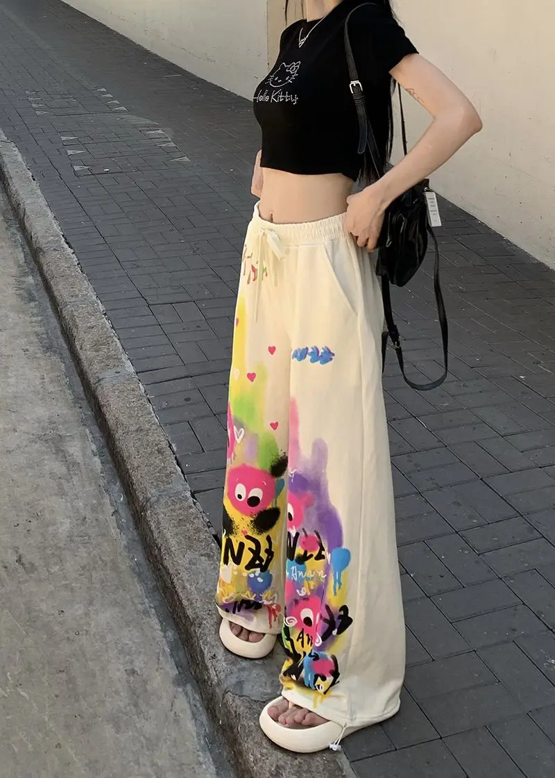Kawaii Cute Dopamine Graffiti Casual Pants Women Tie Dye Summer Elastic High Waiste Drawstring Pockets Loose Wide Leg Trousers
