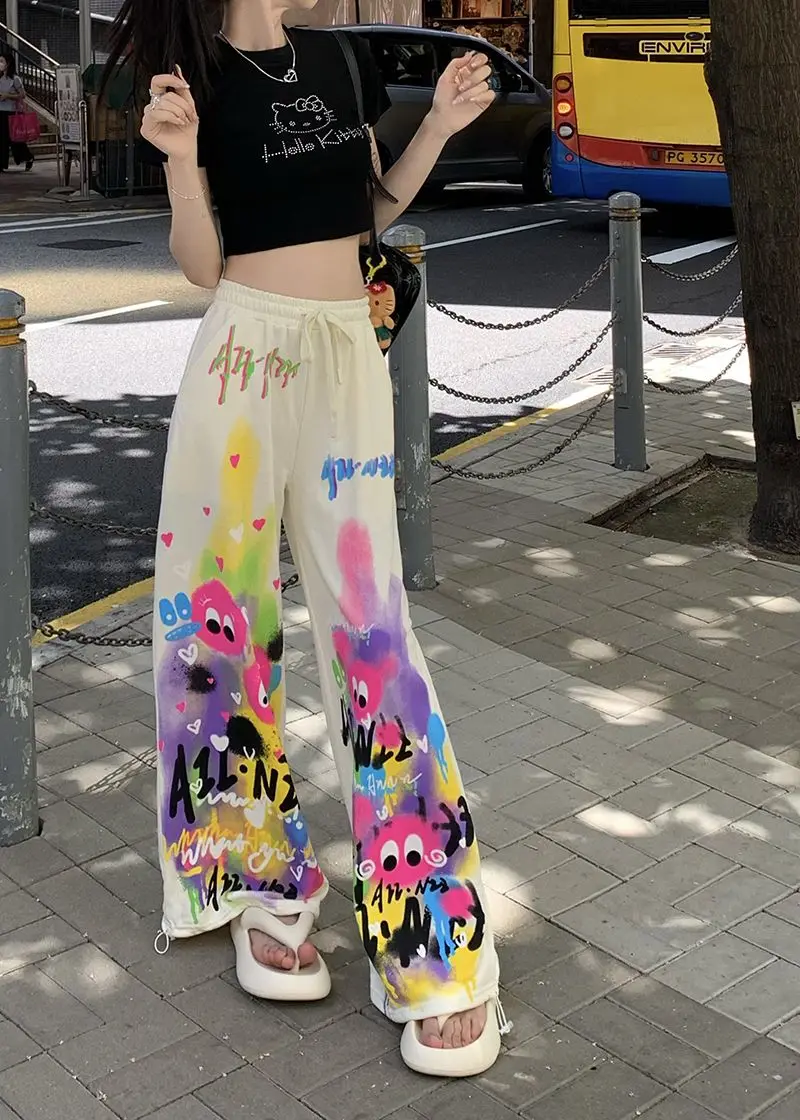 Kawaii Cute Dopamine Graffiti Casual Pants Women Tie Dye Summer Elastic High Waiste Drawstring Pockets Loose Wide Leg Trousers
