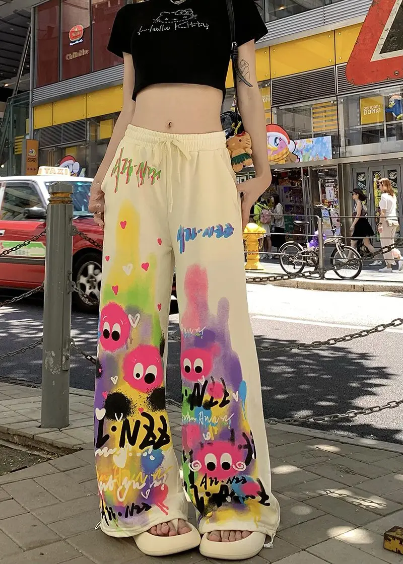 Kawaii Cute Dopamine Graffiti Casual Pants Women Tie Dye Summer Elastic High Waiste Drawstring Pockets Loose Wide Leg Trousers