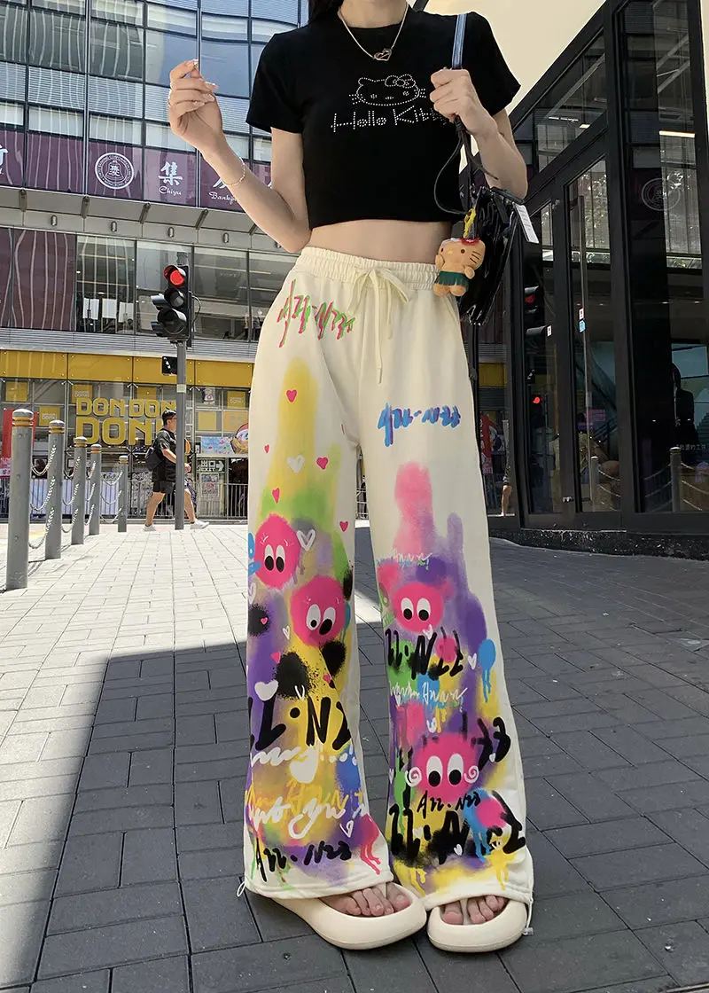Kawaii Cute Dopamine Graffiti Casual Pants Women Tie Dye Summer Elastic High Waiste Drawstring Pockets Loose Wide Leg Trousers