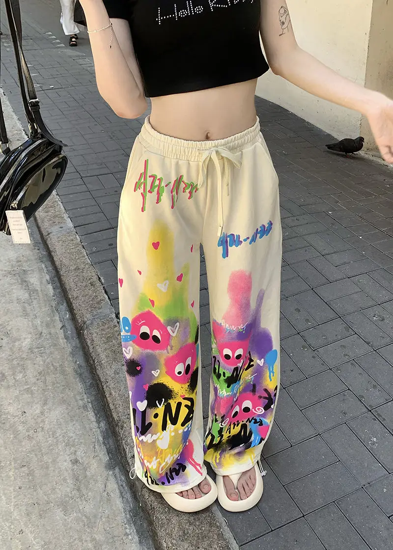Kawaii Cute Dopamine Graffiti Casual Pants Women Tie Dye Summer Elastic High Waiste Drawstring Pockets Loose Wide Leg Trousers