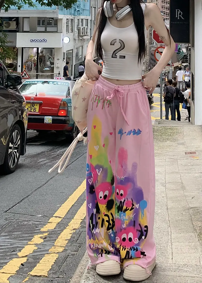 Kawaii Cute Dopamine Graffiti Casual Pants Women Tie Dye Summer Elastic High Waiste Drawstring Pockets Loose Wide Leg Trousers