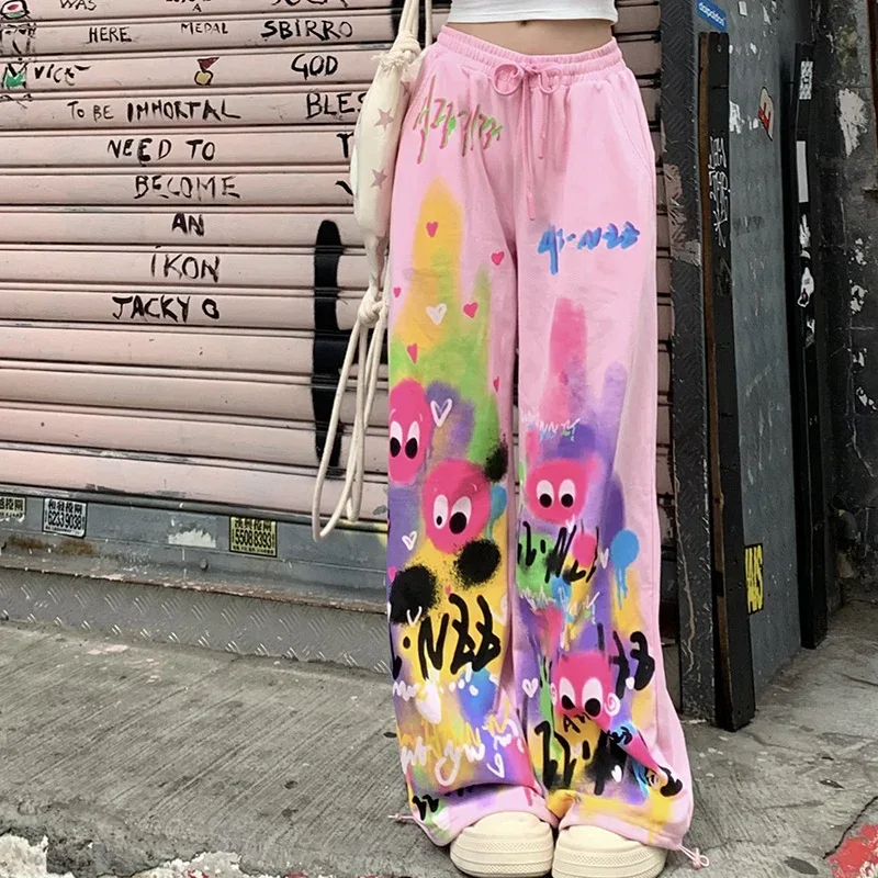 Kawaii Cute Dopamine Graffiti Casual Pants Women Tie Dye Summer Elastic High Waiste Drawstring Pockets Loose Wide Leg Trousers