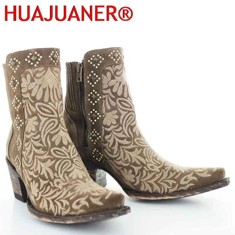Autumn Winter Ladies Boots Casual Embroidery Zipper Ankle Boots Rivet Western Pointed Toe Low-heel Warm Boots For Ladies Shoes