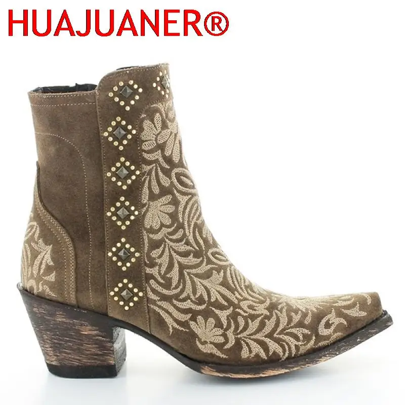 Autumn Winter Ladies Boots Casual Embroidery Zipper Ankle Boots Rivet Western Pointed Toe Low-heel Warm Boots For Ladies Shoes