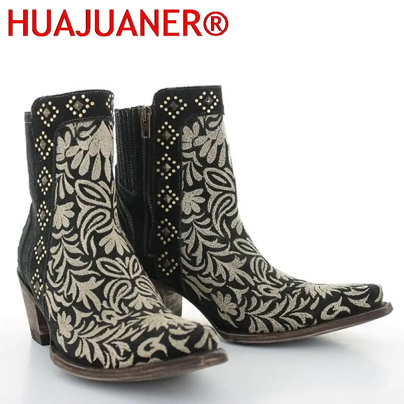 Autumn Winter Ladies Boots Casual Embroidery Zipper Ankle Boots Rivet Western Pointed Toe Low-heel Warm Boots For Ladies Shoes