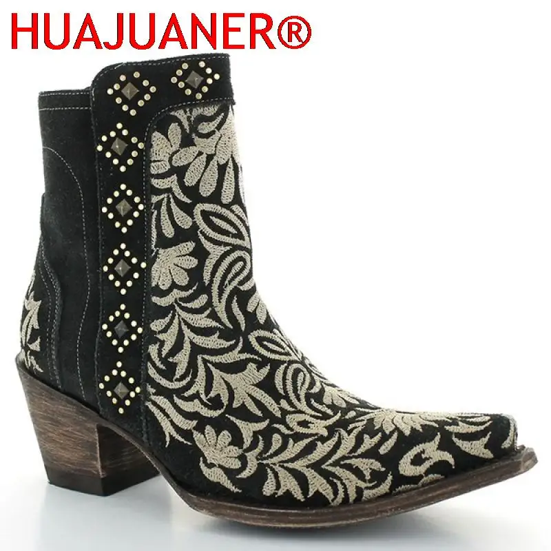 Autumn Winter Ladies Boots Casual Embroidery Zipper Ankle Boots Rivet Western Pointed Toe Low-heel Warm Boots For Ladies Shoes