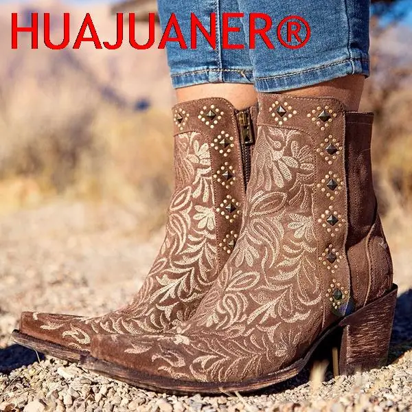 Autumn Winter Ladies Boots Casual Embroidery Zipper Ankle Boots Rivet Western Pointed Toe Low-heel Warm Boots For Ladies Shoes
