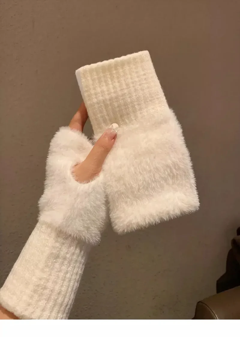 New Solid Color Plush Gloves Women in Autumn and Winter Warm Luxury Woolen Knitted Touch Screen Open Finger Half Finger Gloves