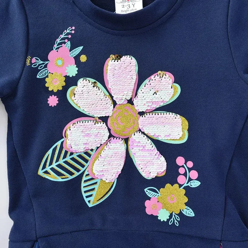 DXTON Autumn Winter Girls Clothing Flower Sequined Long Sleeve Children Sweater Dresses Mesh Patchwork Princess Cotton Dresses