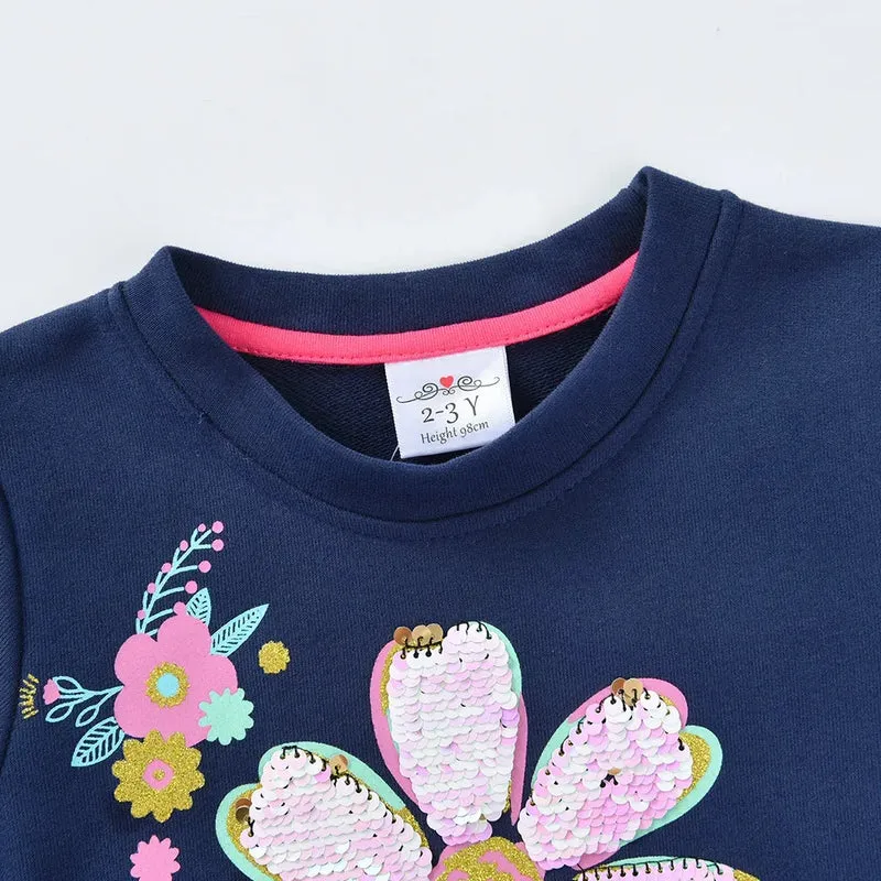 DXTON Autumn Winter Girls Clothing Flower Sequined Long Sleeve Children Sweater Dresses Mesh Patchwork Princess Cotton Dresses