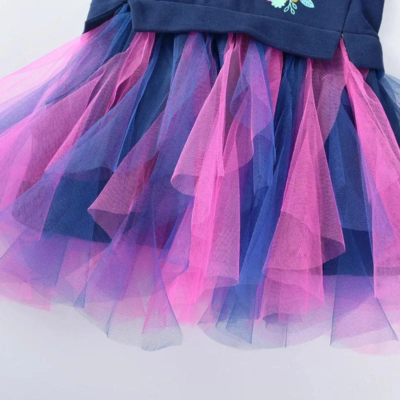 DXTON Autumn Winter Girls Clothing Flower Sequined Long Sleeve Children Sweater Dresses Mesh Patchwork Princess Cotton Dresses