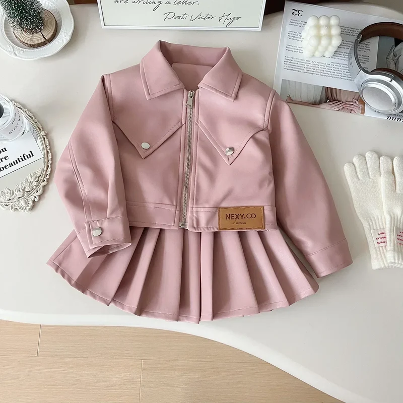 2024 Girls Baby Spring Autumn Winter PU Clothing Set Fashion Kids Leather Zipper Jackets+skirts Children 2pcs Birthday Clothes