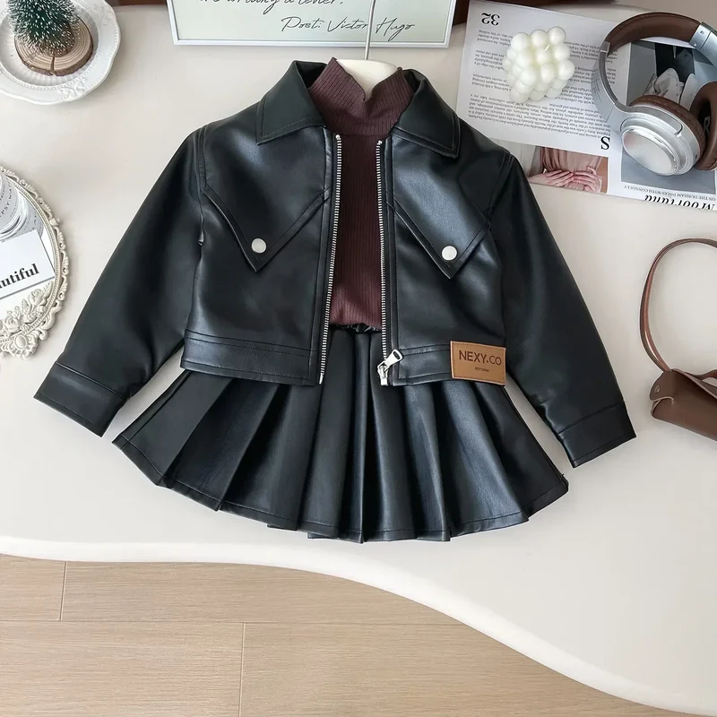 2024 Girls Baby Spring Autumn Winter PU Clothing Set Fashion Kids Leather Zipper Jackets+skirts Children 2pcs Birthday Clothes