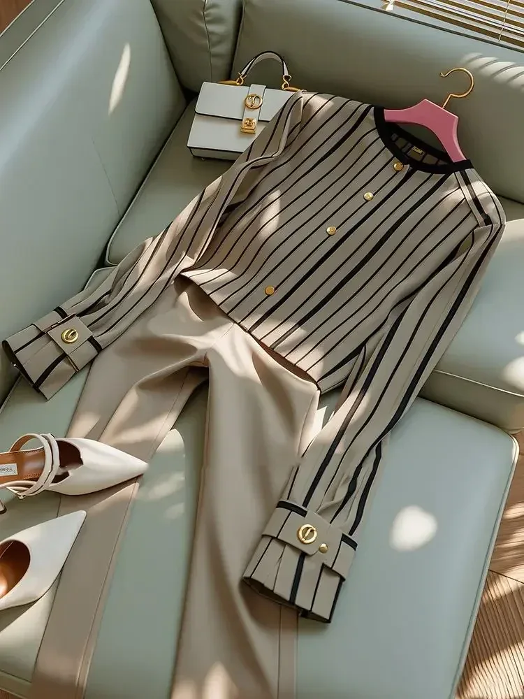 Autumn Korean Fashion High End Long Sleeve Stripe Shirt High Waist Slim Suit Pants Formal Commuter Two Piece Set Women Outfits