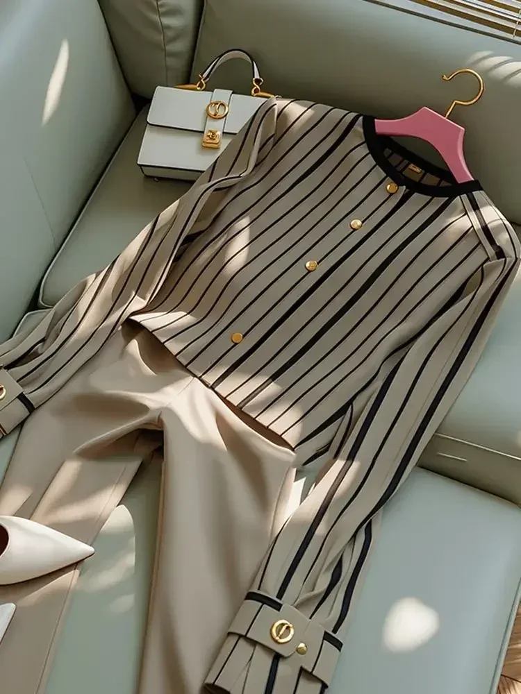 Autumn Korean Fashion High End Long Sleeve Stripe Shirt High Waist Slim Suit Pants Formal Commuter Two Piece Set Women Outfits