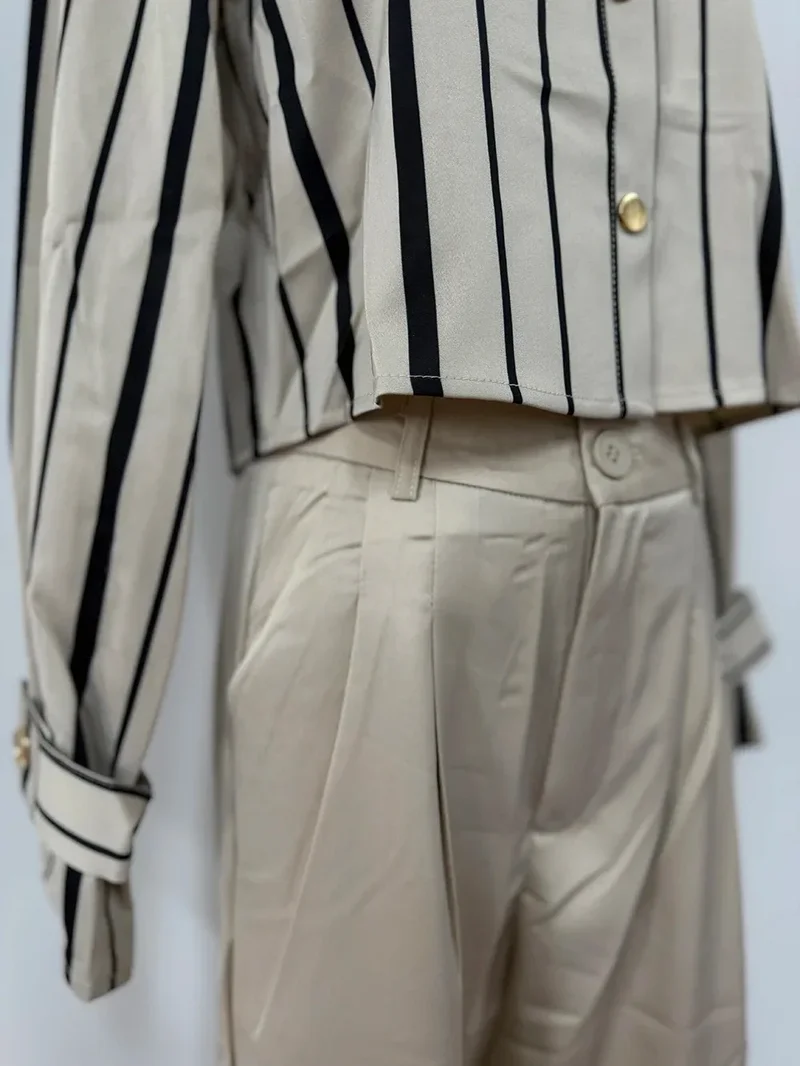 Autumn Korean Fashion High End Long Sleeve Stripe Shirt High Waist Slim Suit Pants Formal Commuter Two Piece Set Women Outfits