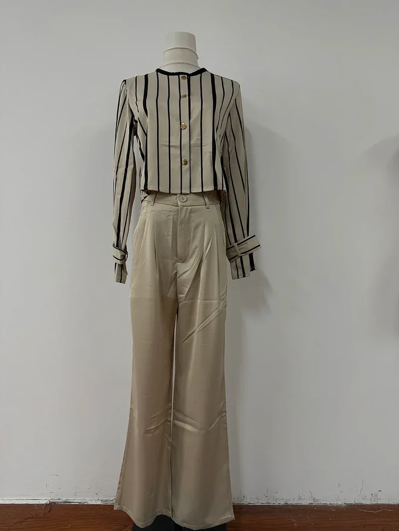 Autumn Korean Fashion High End Long Sleeve Stripe Shirt High Waist Slim Suit Pants Formal Commuter Two Piece Set Women Outfits