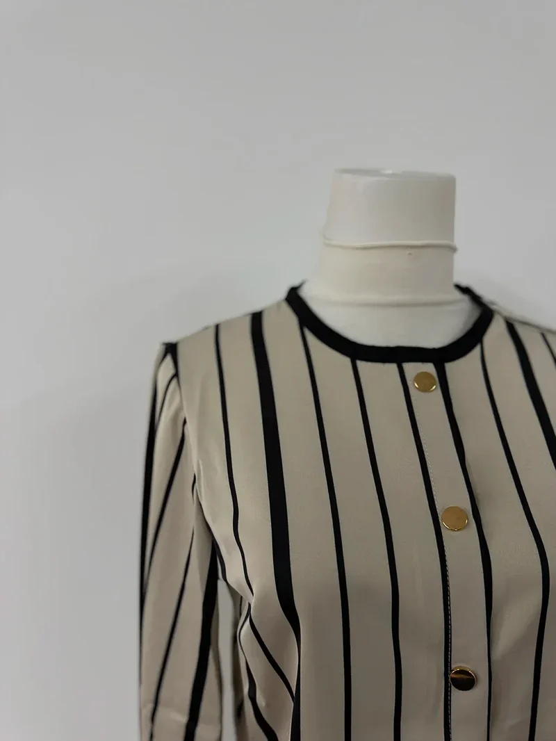 Autumn Korean Fashion High End Long Sleeve Stripe Shirt High Waist Slim Suit Pants Formal Commuter Two Piece Set Women Outfits