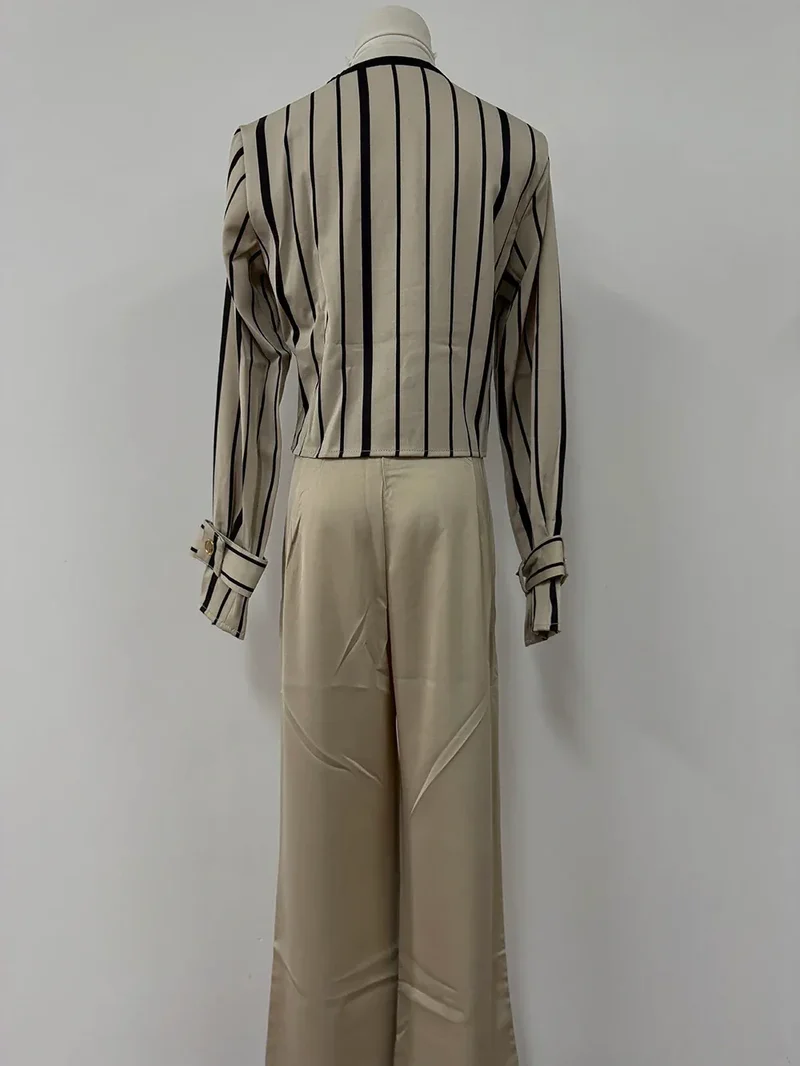 Autumn Korean Fashion High End Long Sleeve Stripe Shirt High Waist Slim Suit Pants Formal Commuter Two Piece Set Women Outfits