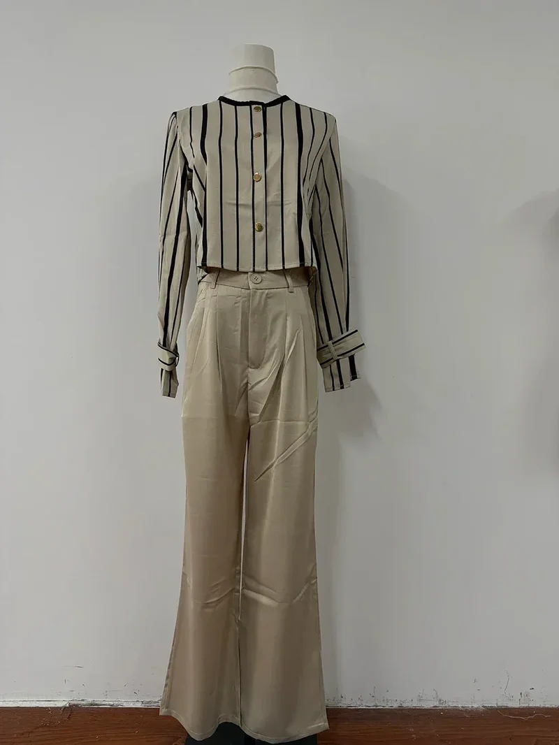 Autumn Korean Fashion High End Long Sleeve Stripe Shirt High Waist Slim Suit Pants Formal Commuter Two Piece Set Women Outfits