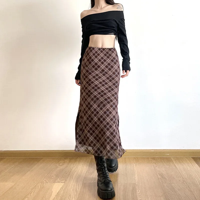 Women Spring Autumn Plaid Print Wrap Hips Skirts Fashion Ankle-Length Sexy Slim Pencil Skirts Preppy Style Girls Slit Midiskirt