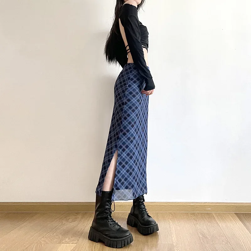 Women Spring Autumn Plaid Print Wrap Hips Skirts Fashion Ankle-Length Sexy Slim Pencil Skirts Preppy Style Girls Slit Midiskirt
