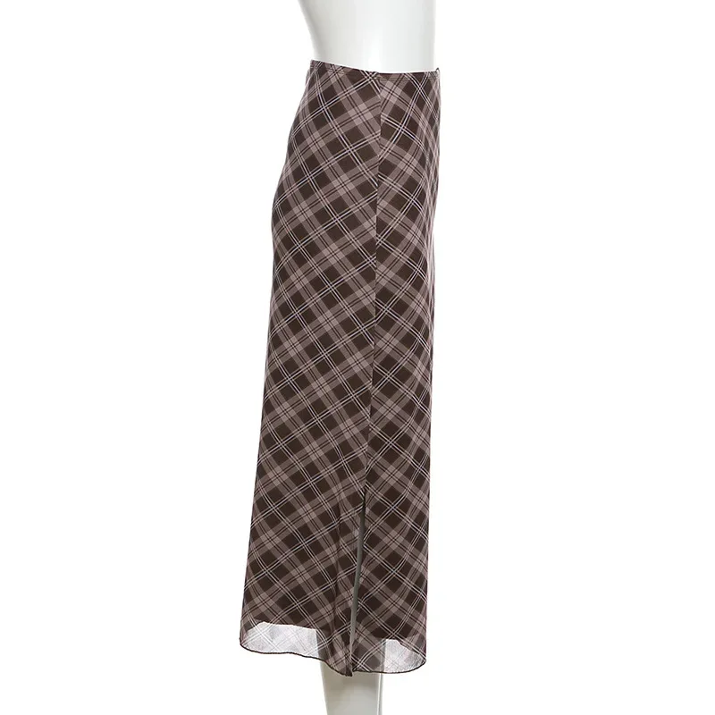 Women Spring Autumn Plaid Print Wrap Hips Skirts Fashion Ankle-Length Sexy Slim Pencil Skirts Preppy Style Girls Slit Midiskirt