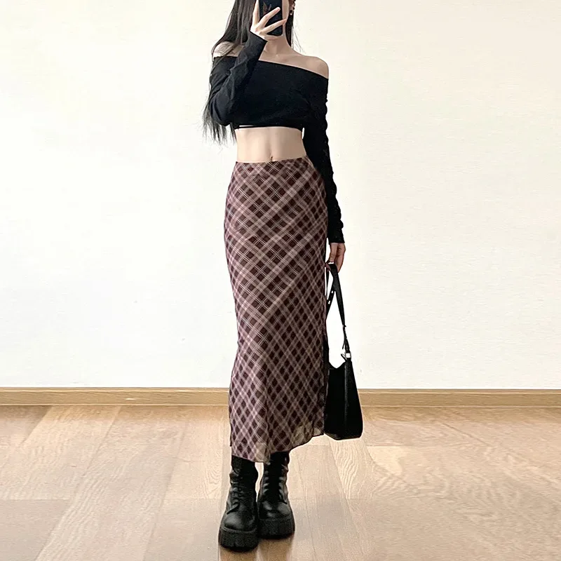 Women Spring Autumn Plaid Print Wrap Hips Skirts Fashion Ankle-Length Sexy Slim Pencil Skirts Preppy Style Girls Slit Midiskirt